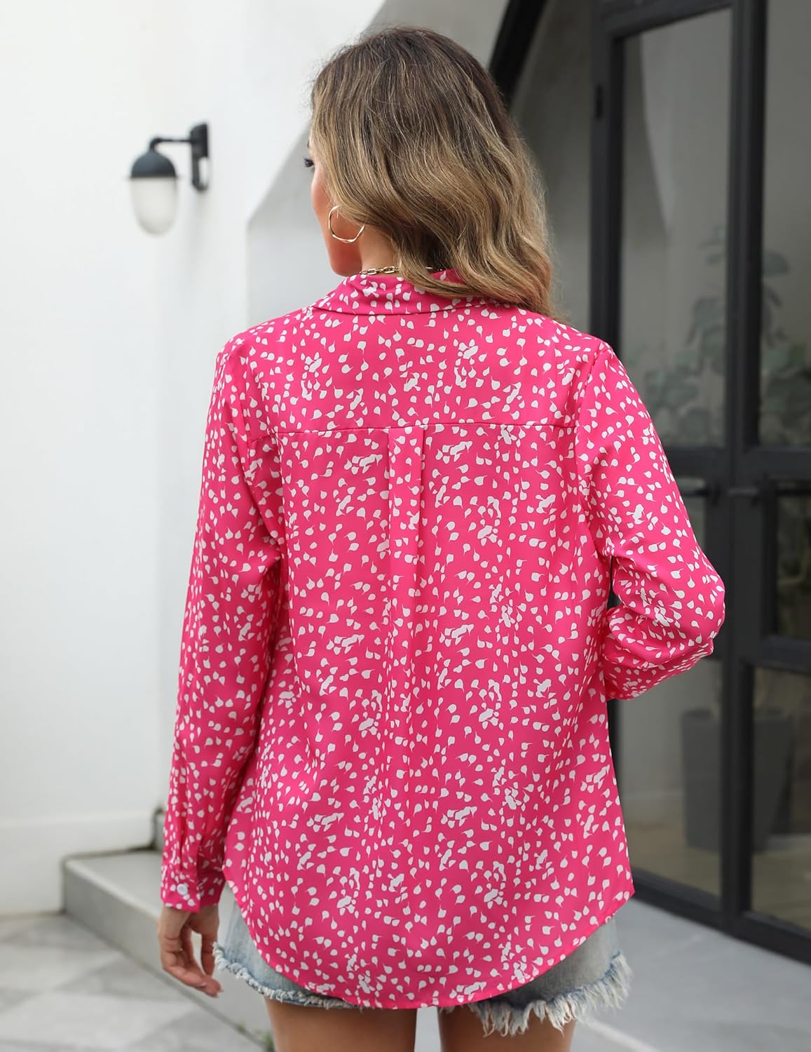 HOTOUCH Women Button Down Shirts with Pockets Long Sleeve Office Blouses Casual Business Tops Slim Fit Chiffon Shirts SXXLPink Polka Dots