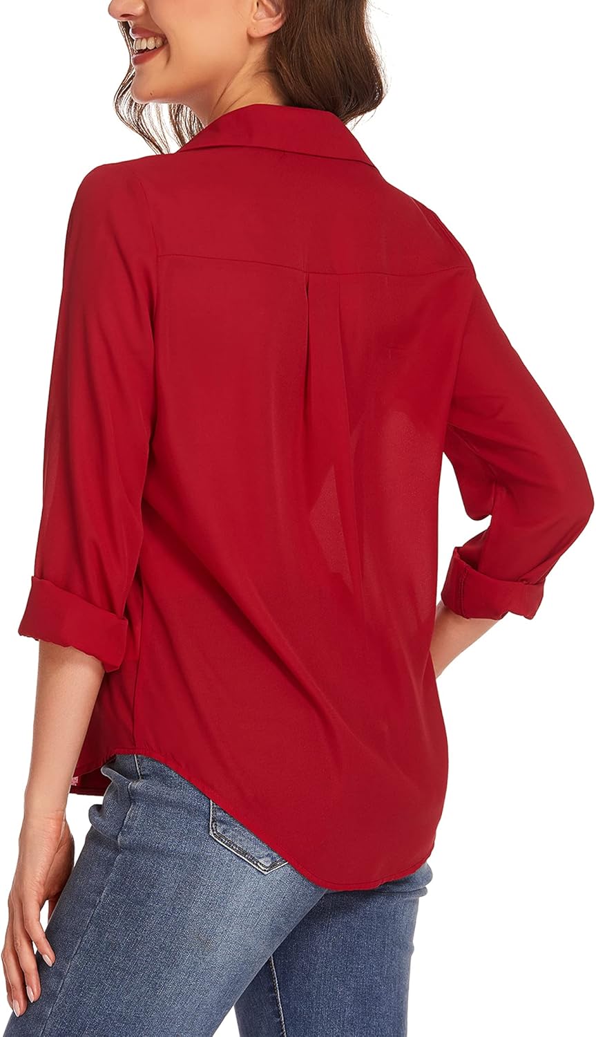 HOTOUCH Women Button Down Shirts with Pockets Long Sleeve Office Blouses Casual Business Tops Slim Fit Chiffon Shirts SXXLRed
