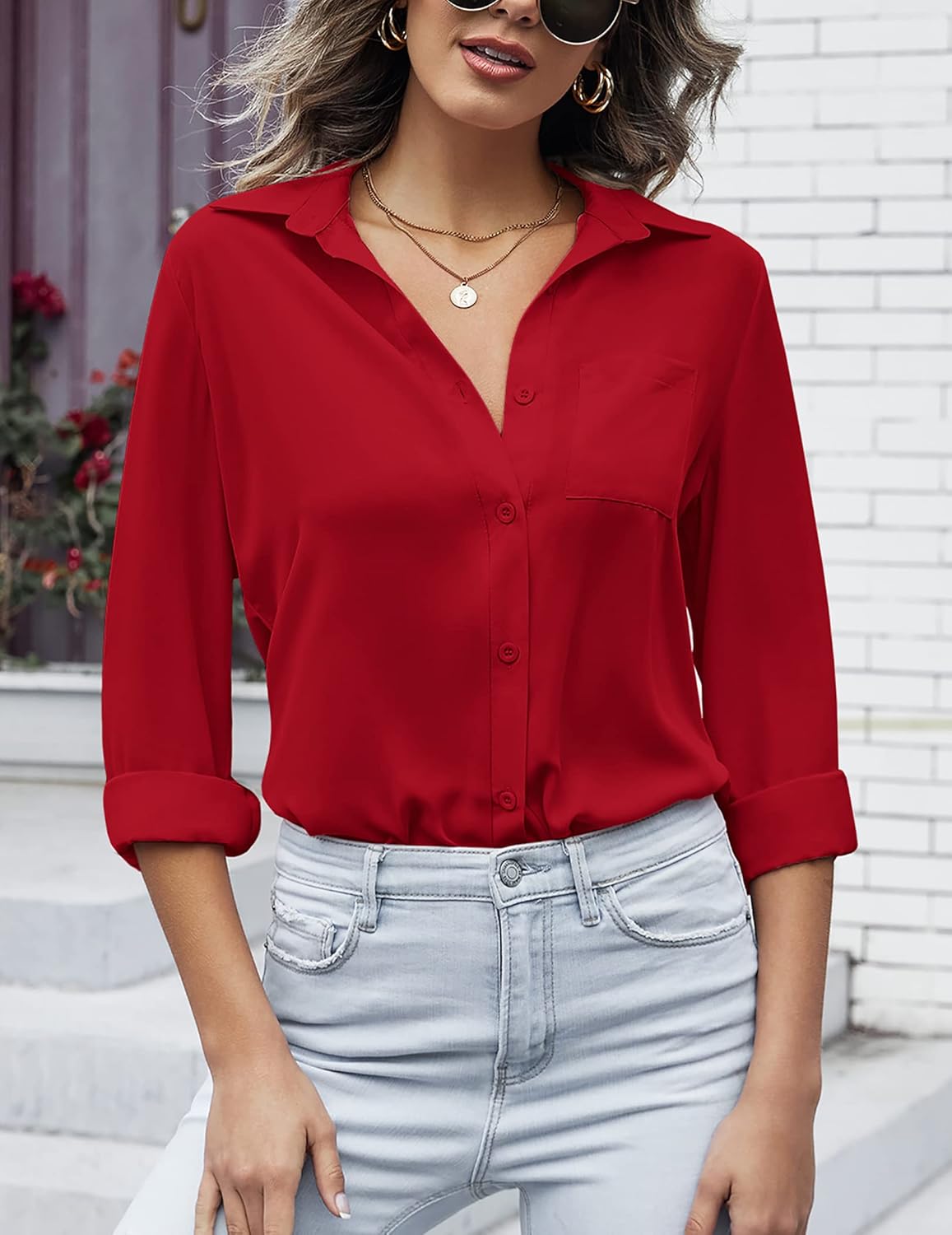 HOTOUCH Women Button Down Shirts with Pockets Long Sleeve Office Blouses Casual Business Tops Slim Fit Chiffon Shirts SXXLRed