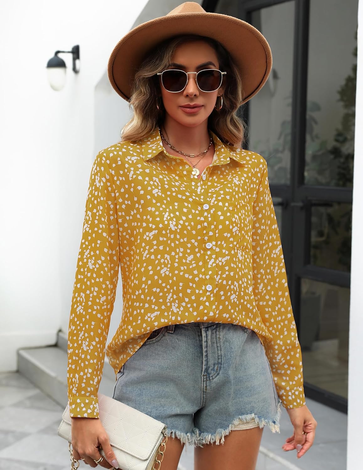 HOTOUCH Women Button Down Shirts with Pockets Long Sleeve Office Blouses Casual Business Tops Slim Fit Chiffon Shirts SXXLYellow Polka Dots