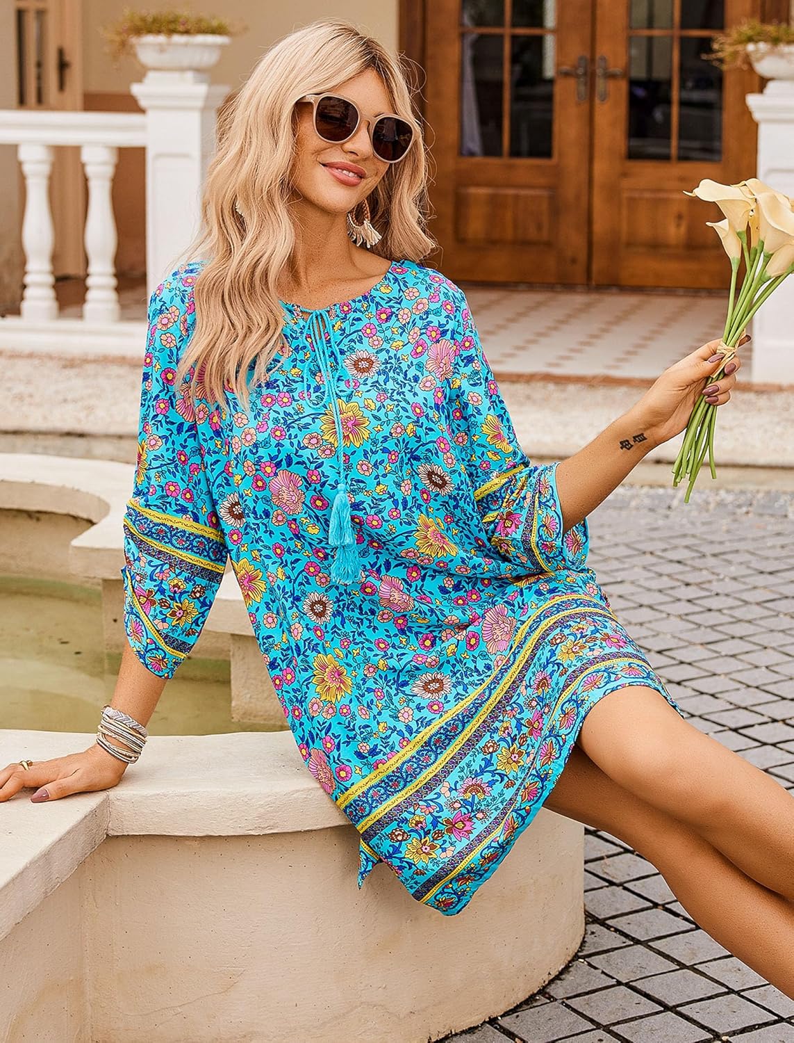 HOTOUCH Women Casual Beach Summer Dress Boho Tassel Tie Neck 34 Long Sleeve Short Floral Print Flowy Cover Up Sundresses01 Blue