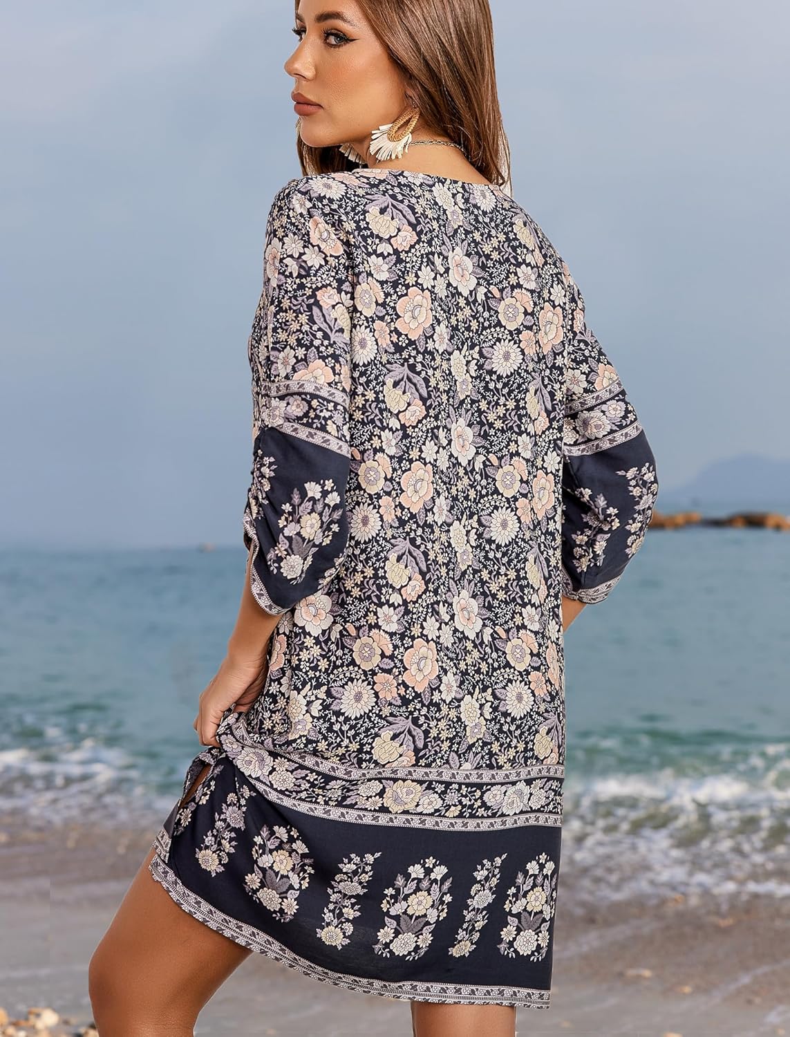 HOTOUCH Women Casual Beach Summer Dress Boho Tassel Tie Neck 34 Long Sleeve Short Floral Print Flowy Cover Up SundressesBlack