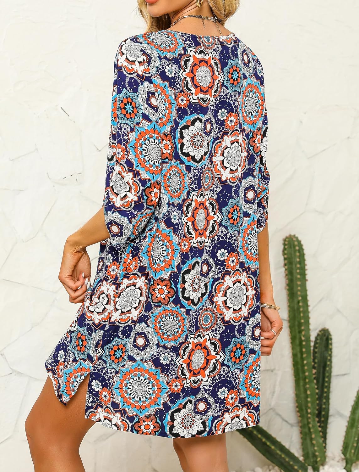 HOTOUCH Women Casual Beach Summer Dress Boho Tassel Tie Neck 34 Long Sleeve Short Floral Print Flowy Cover Up SundressesDark Blue
