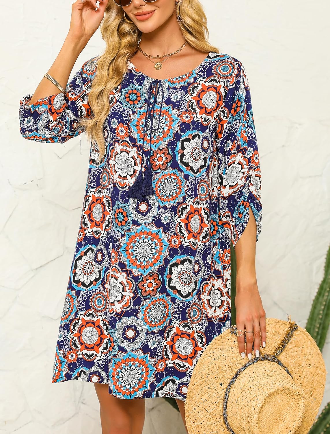 HOTOUCH Women Casual Beach Summer Dress Boho Tassel Tie Neck 34 Long Sleeve Short Floral Print Flowy Cover Up SundressesDark Blue