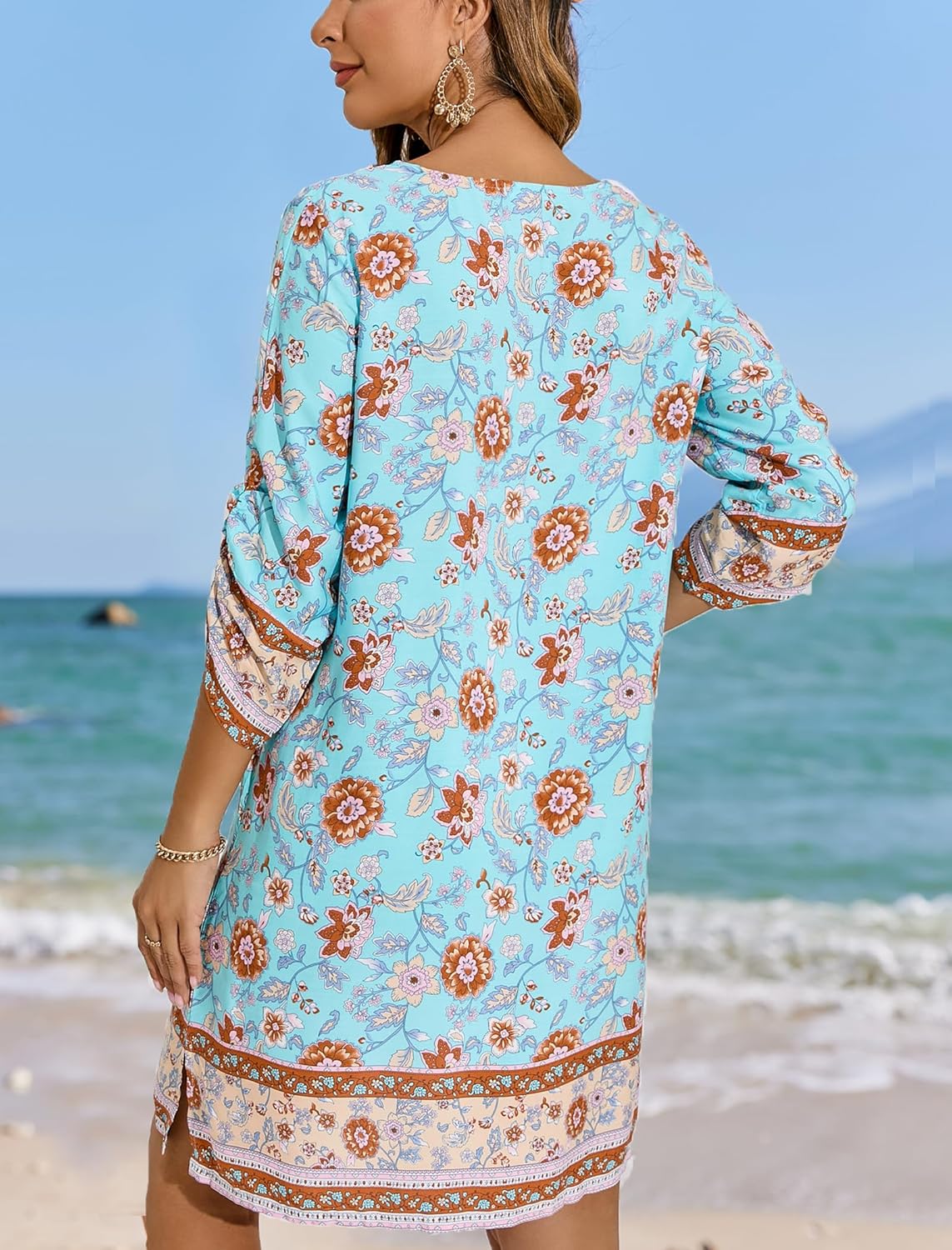 HOTOUCH Women Casual Beach Summer Dress Boho Tassel Tie Neck 34 Long Sleeve Short Floral Print Flowy Cover Up SundressesLight Blue