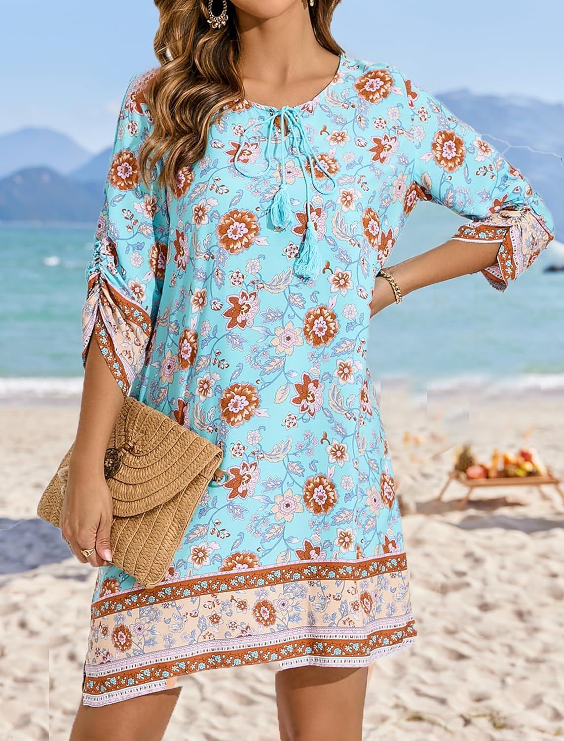 HOTOUCH Women Casual Beach Summer Dress Boho Tassel Tie Neck 34 Long Sleeve Short Floral Print Flowy Cover Up SundressesLight Blue