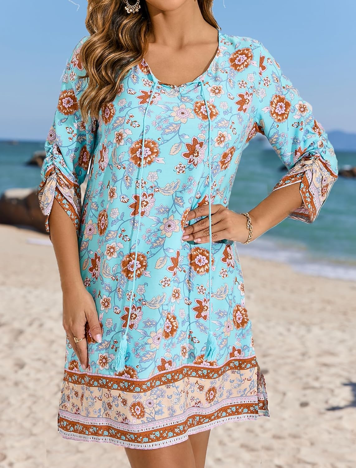 HOTOUCH Women Casual Beach Summer Dress Boho Tassel Tie Neck 34 Long Sleeve Short Floral Print Flowy Cover Up SundressesLight Blue