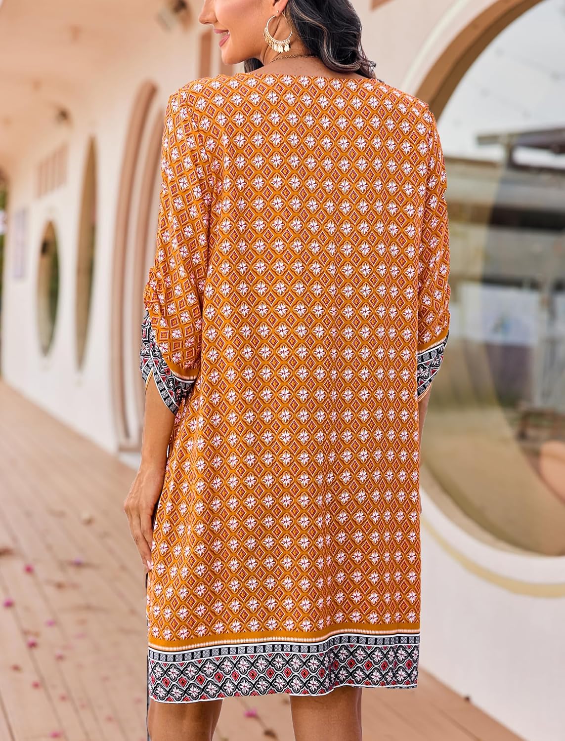 HOTOUCH Women Casual Beach Summer Dress Boho Tassel Tie Neck 34 Long Sleeve Short Floral Print Flowy Cover Up SundressesYellow