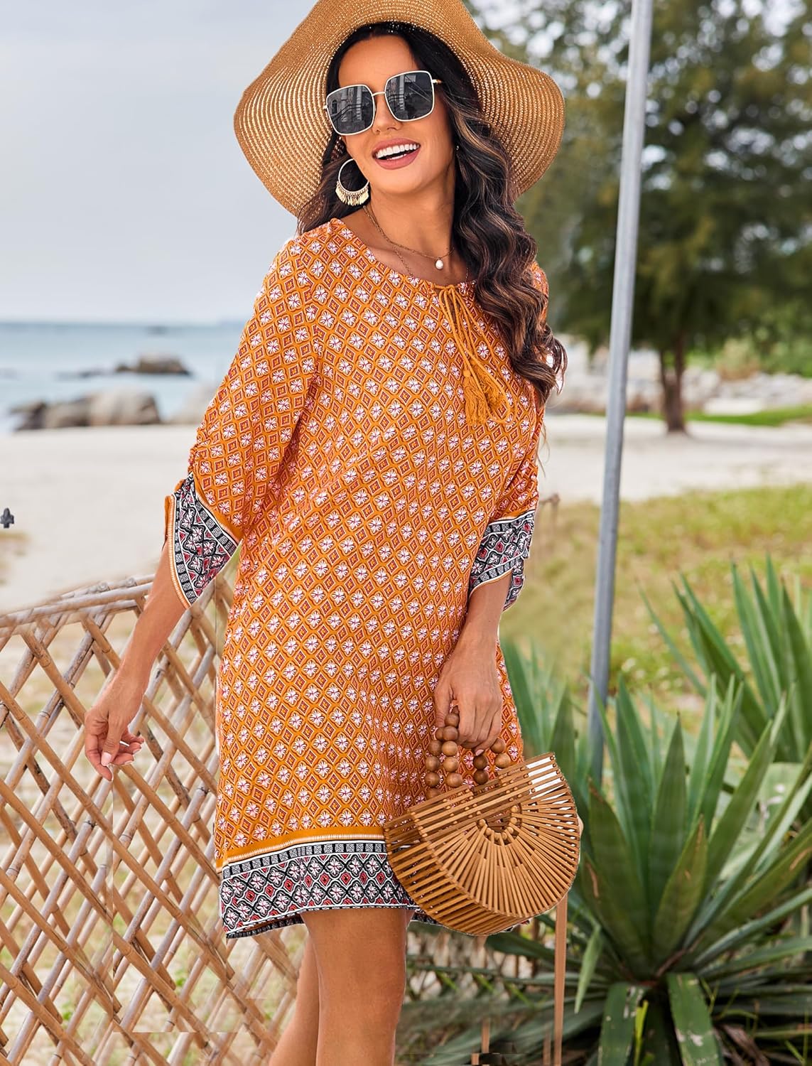 HOTOUCH Women Casual Beach Summer Dress Boho Tassel Tie Neck 34 Long Sleeve Short Floral Print Flowy Cover Up SundressesYellow