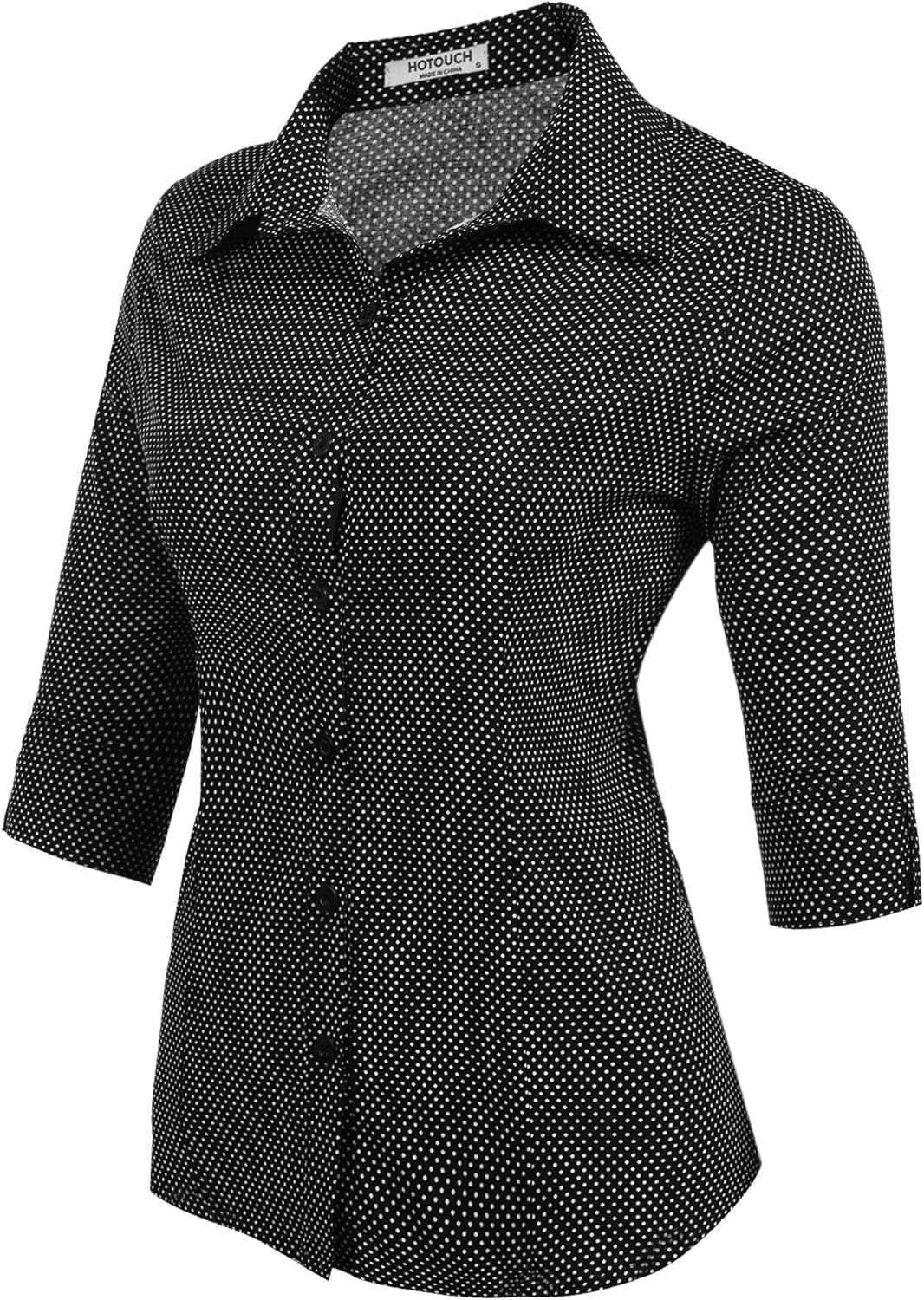 HOTOUCH Womens 34 Sleeve Button Down Shirt Slim Fit Work Blouses Cotton Dress Shirts Office TopsBlack Polka Dots Slim Fit  a Size Up for Relaxed Fit