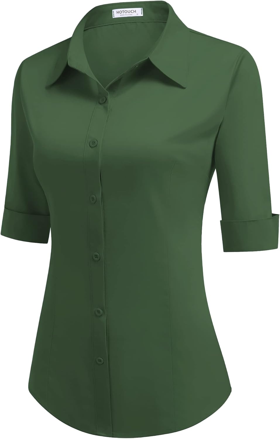 HOTOUCH Womens 34 Sleeve Button Down Shirt Slim Fit Work Blouses Cotton Dress Shirts Office TopsGreen Slim Fit  a Size Up for Relaxed Fit