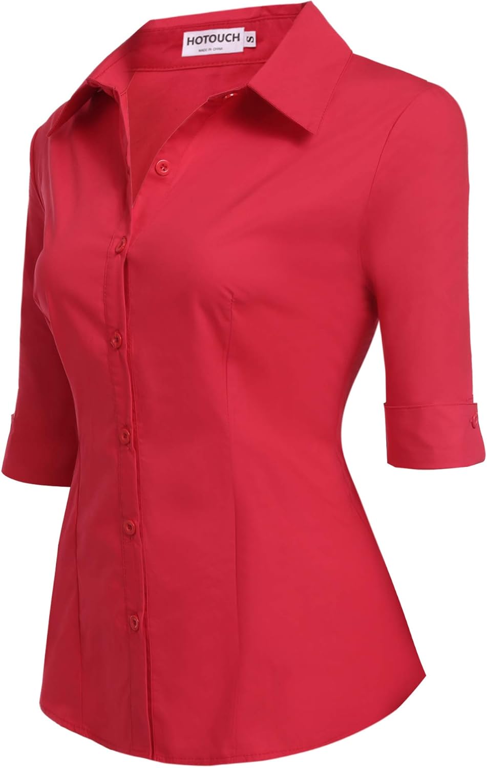 HOTOUCH Womens 34 Sleeve Button Down Shirt Slim Fit Work Blouses Cotton Dress Shirts Office TopsRed Slim Fit  a Size Up for Relaxed Fit