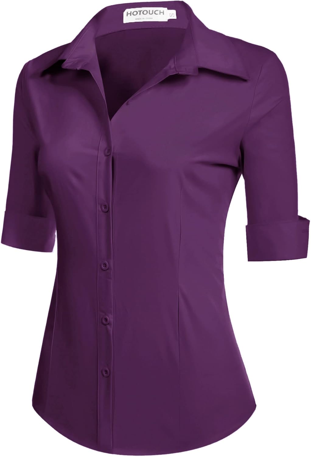HOTOUCH Womens 34 Sleeve Button Down Shirt Slim Fit Work Blouses Cotton Dress Shirts Office TopsWineberry Slim Fit  a Size Up for Relaxed Fit