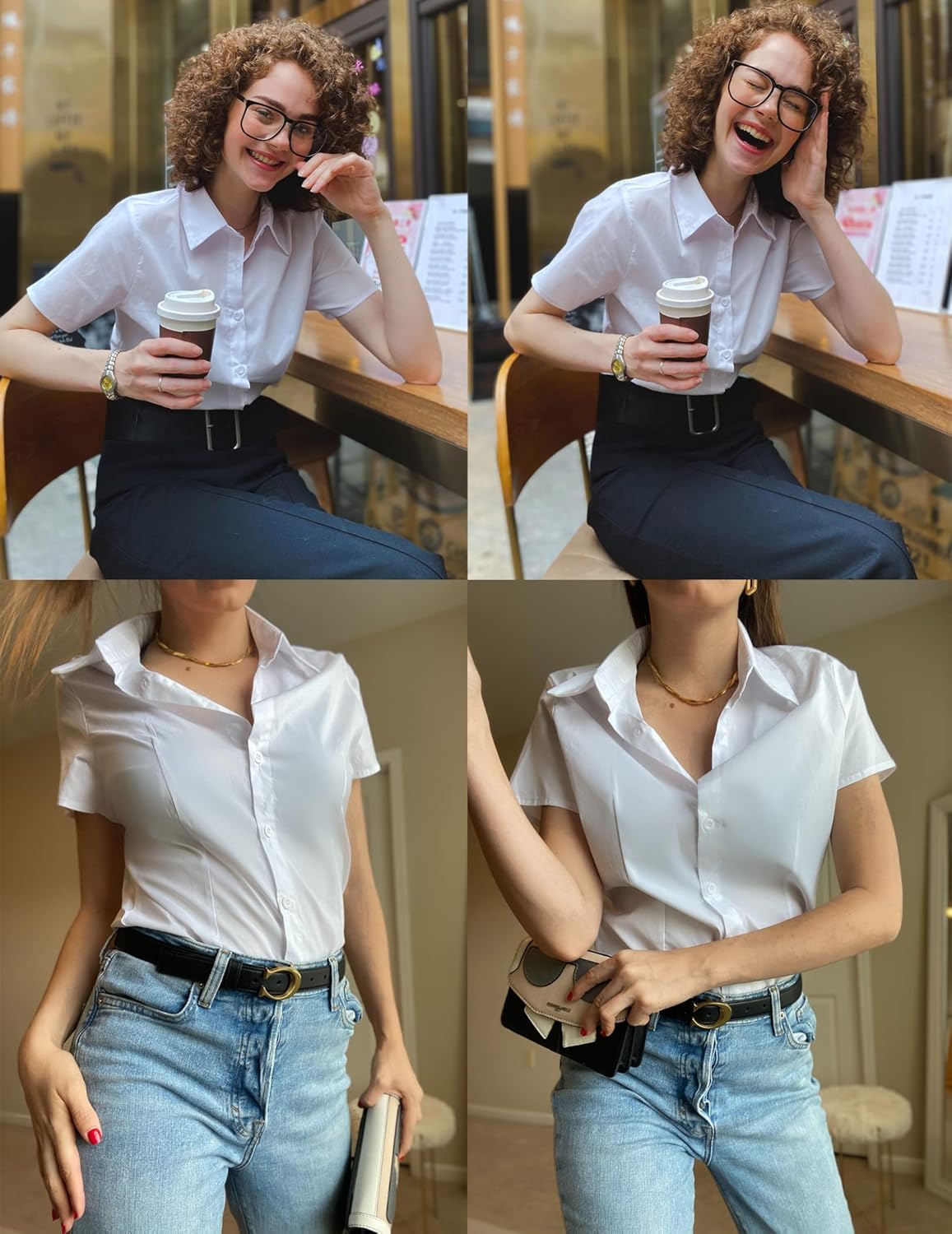 HOTOUCH Womens Basic Button Up Shirt Short Sleeve Stretchy Button Down Collared Shirts Waitress Work ShirtA  White