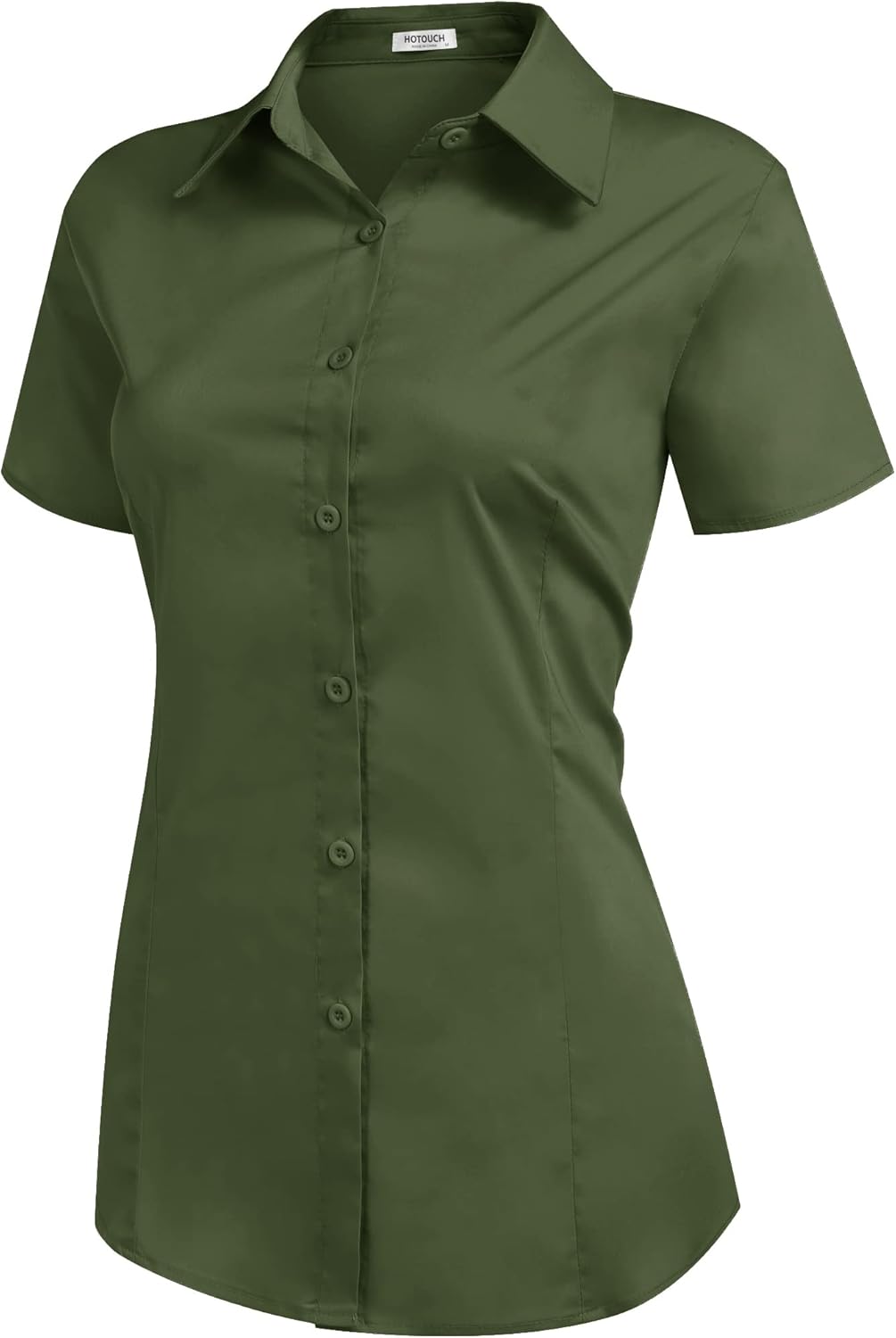 HOTOUCH Womens Basic Button Up Shirt Short Sleeve Stretchy Button Down Collared Shirts Waitress Work ShirtArmy Green