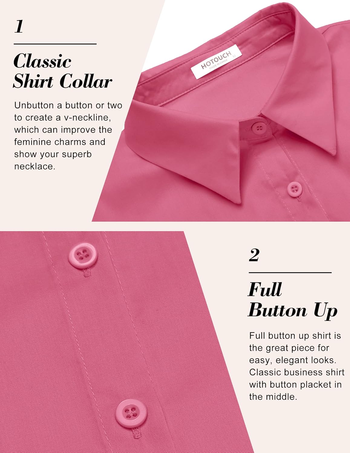 HOTOUCH Womens Basic Button Up Shirt Short Sleeve Stretchy Button Down Collared Shirts Waitress Work ShirtHot Pink