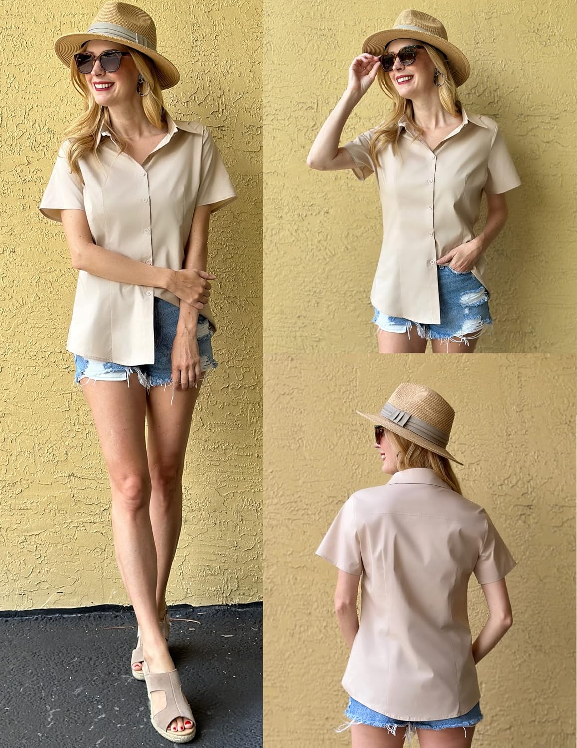 HOTOUCH Womens Basic Button Up Shirt Short Sleeve Stretchy Button Down Collared Shirts Waitress Work ShirtLight Khaki
