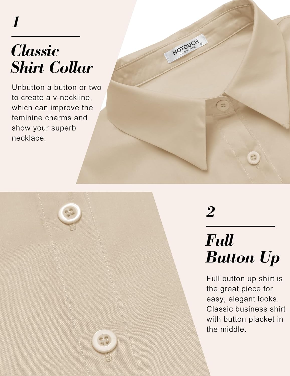 HOTOUCH Womens Basic Button Up Shirt Short Sleeve Stretchy Button Down Collared Shirts Waitress Work ShirtLight Khaki