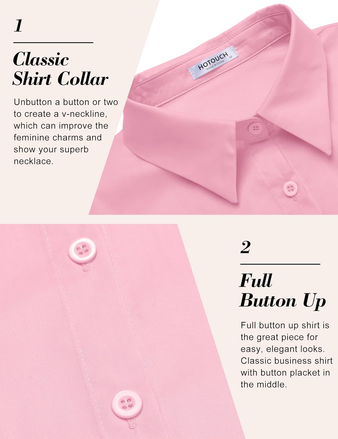 HOTOUCH Womens Basic Button Up Shirt Short Sleeve Stretchy Button Down Collared Shirts Waitress Work ShirtPink