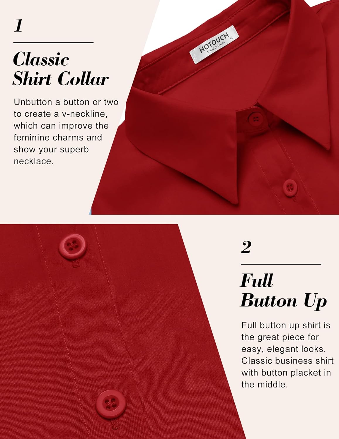 HOTOUCH Womens Basic Button Up Shirt Short Sleeve Stretchy Button Down Collared Shirts Waitress Work ShirtRed