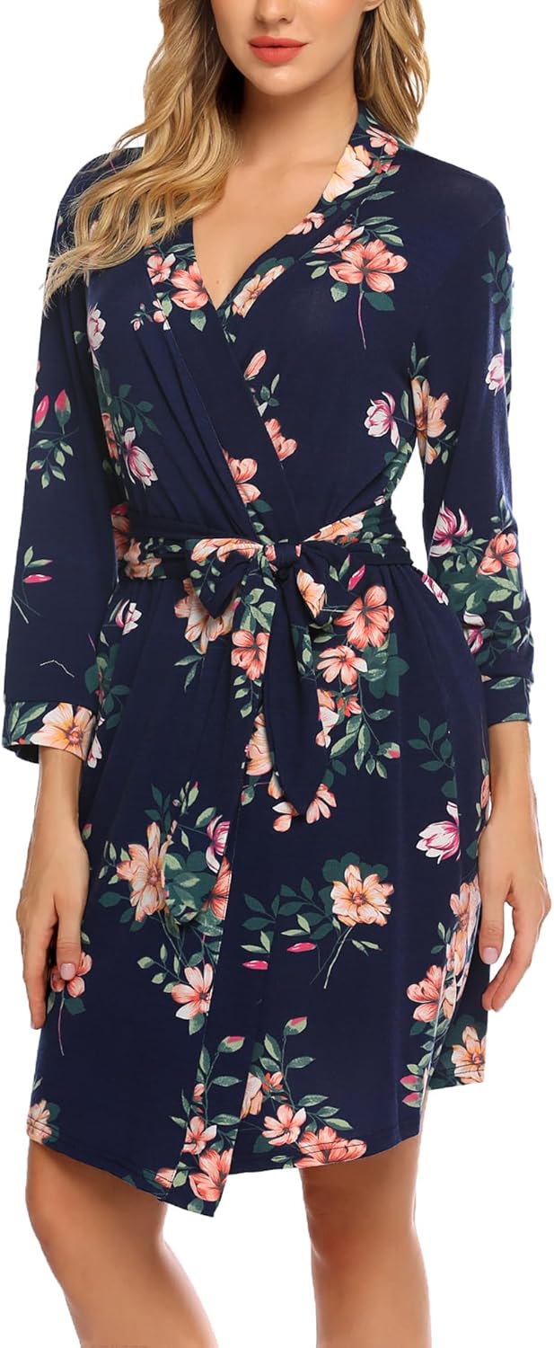 HOTOUCH Womens Robe Lightweight Cotton Robes Short Knit Bathrobe Soft Ladies Sleepwear with Pockets01 Navy Floral