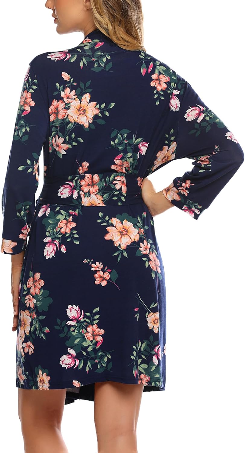 HOTOUCH Womens Robe Lightweight Cotton Robes Short Knit Bathrobe Soft Ladies Sleepwear with Pockets01 Navy Floral