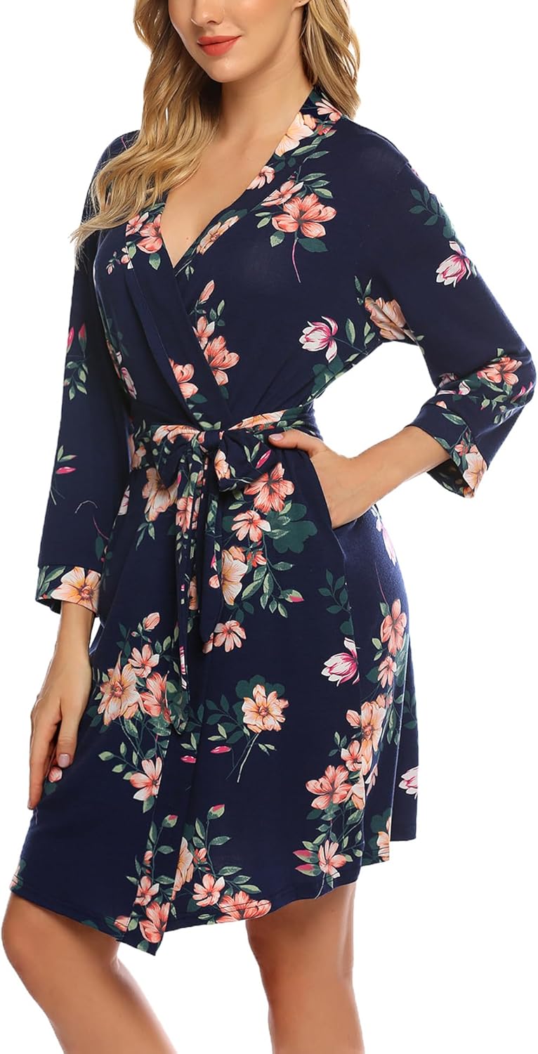 HOTOUCH Womens Robe Lightweight Cotton Robes Short Knit Bathrobe Soft Ladies Sleepwear with Pockets01 Navy Floral