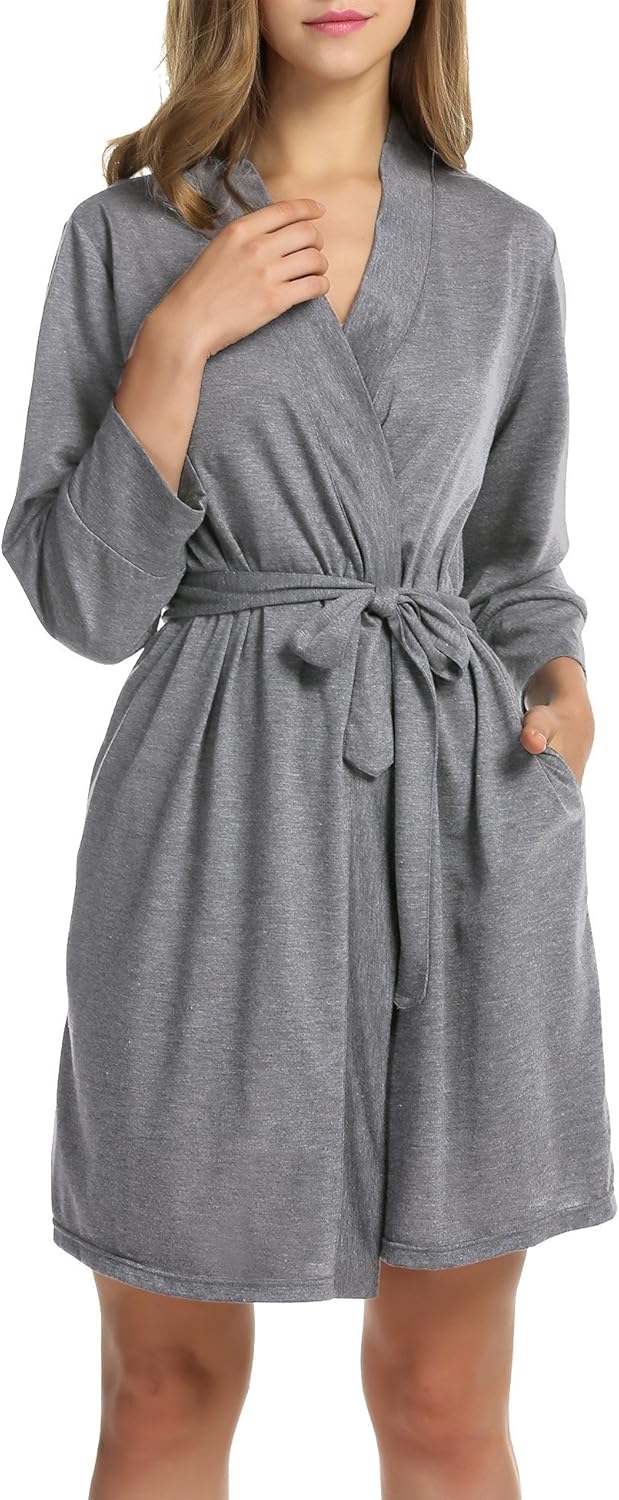 HOTOUCH Womens Robe Lightweight Cotton Robes Short Knit Bathrobe Soft Ladies Sleepwear with Pockets02 Heather Grey