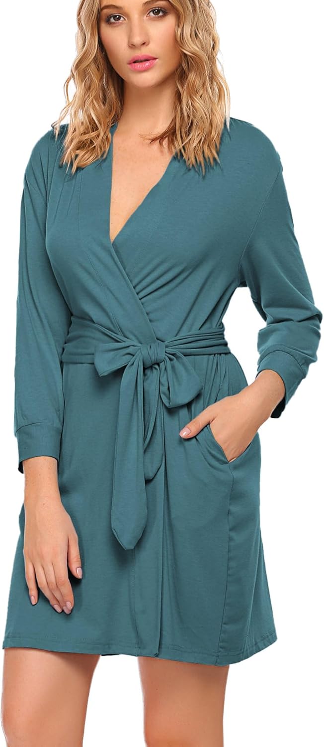 HOTOUCH Womens Robe Lightweight Cotton Robes Short Knit Bathrobe Soft Ladies Sleepwear with Pockets04blue Green