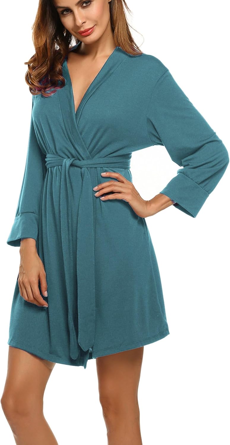 HOTOUCH Womens Robe Lightweight Cotton Robes Short Knit Bathrobe Soft Ladies Sleepwear with Pockets04blue Green
