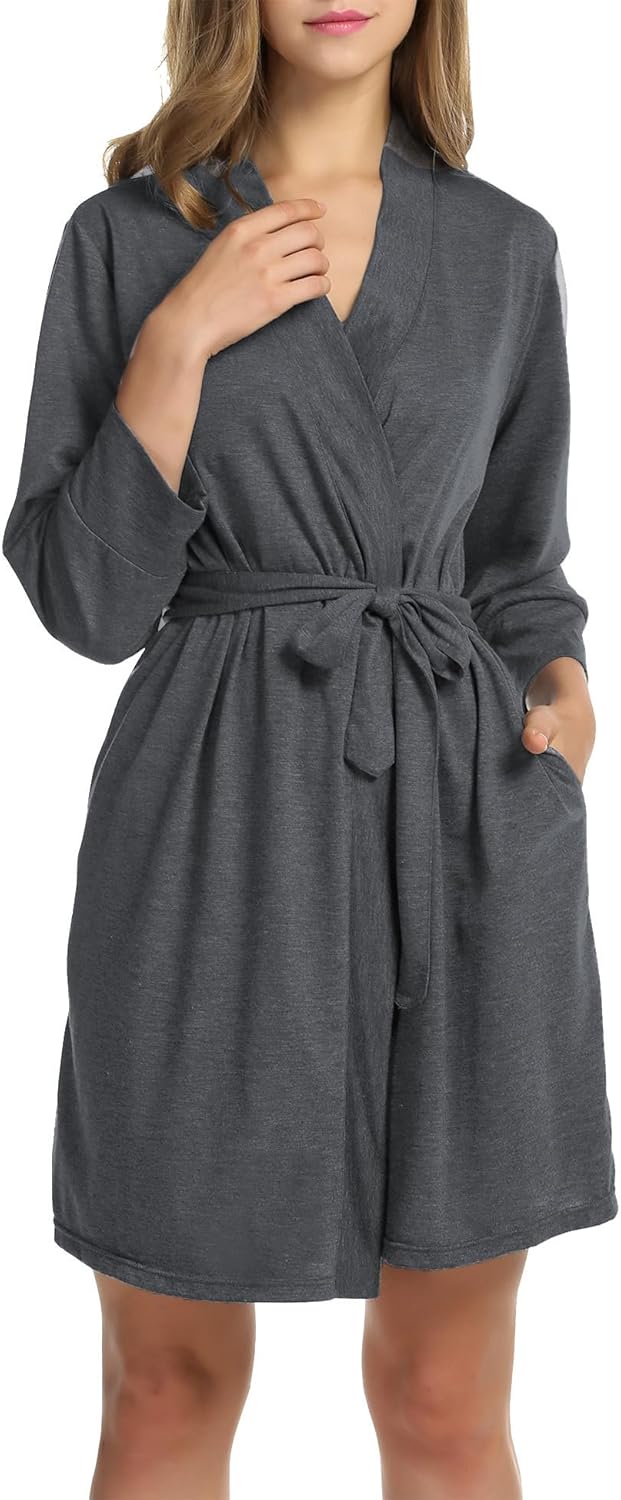 HOTOUCH Womens Robe Lightweight Cotton Robes Short Knit Bathrobe Soft Ladies Sleepwear with Pockets04grey