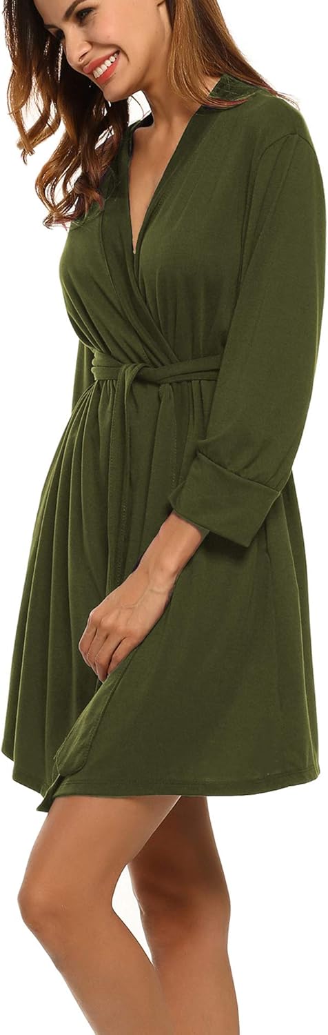 HOTOUCH Womens Robe Lightweight Cotton Robes Short Knit Bathrobe Soft Ladies Sleepwear with PocketsArmy Green