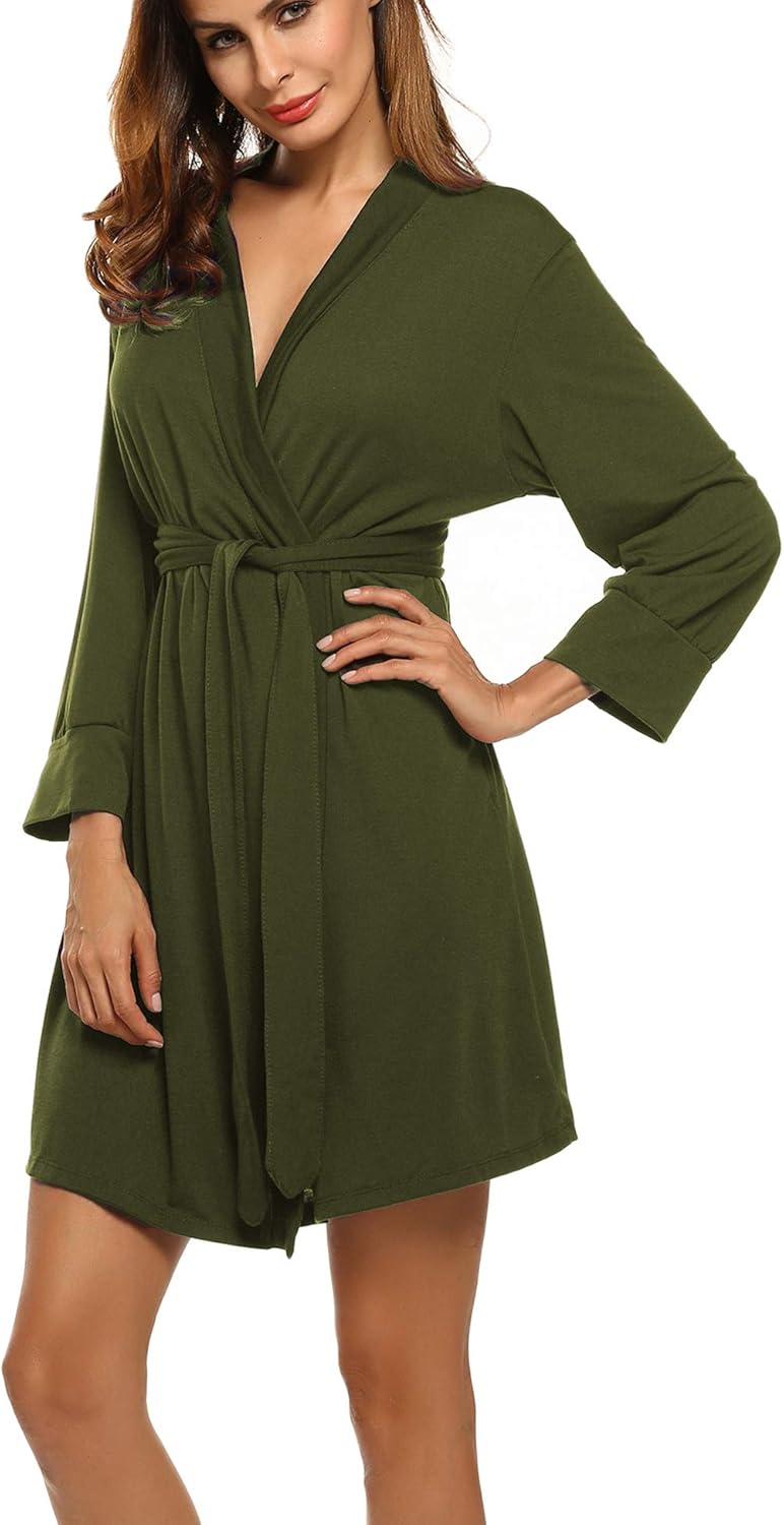 HOTOUCH Womens Robe Lightweight Cotton Robes Short Knit Bathrobe Soft Ladies Sleepwear with PocketsArmy Green