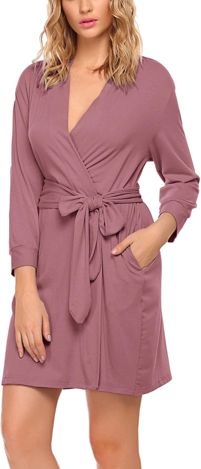 HOTOUCH Womens Robe Lightweight Cotton Robes Short Knit Bathrobe Soft Ladies Sleepwear with PocketsGray Purple