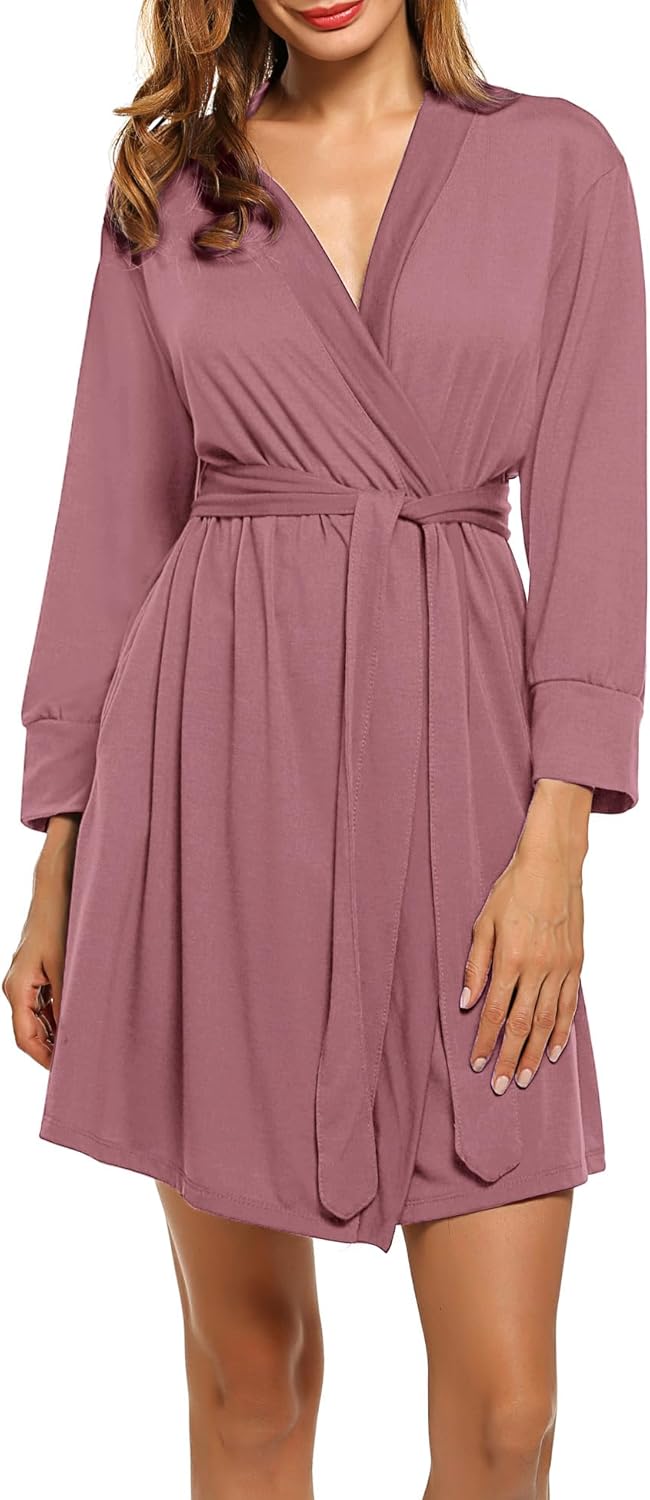 HOTOUCH Womens Robe Lightweight Cotton Robes Short Knit Bathrobe Soft Ladies Sleepwear with PocketsGray Purple