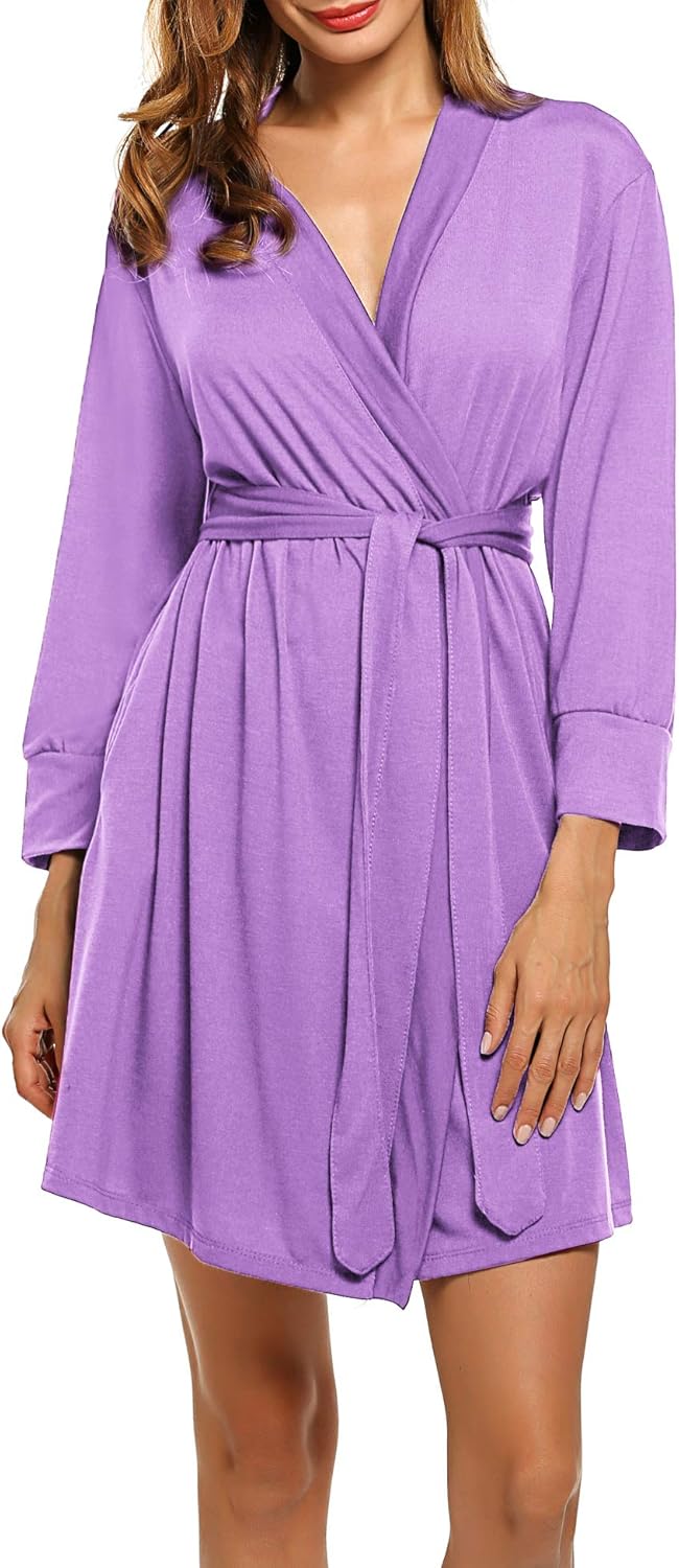 HOTOUCH Womens Robe Lightweight Cotton Robes Short Knit Bathrobe Soft Ladies Sleepwear with PocketsLavender