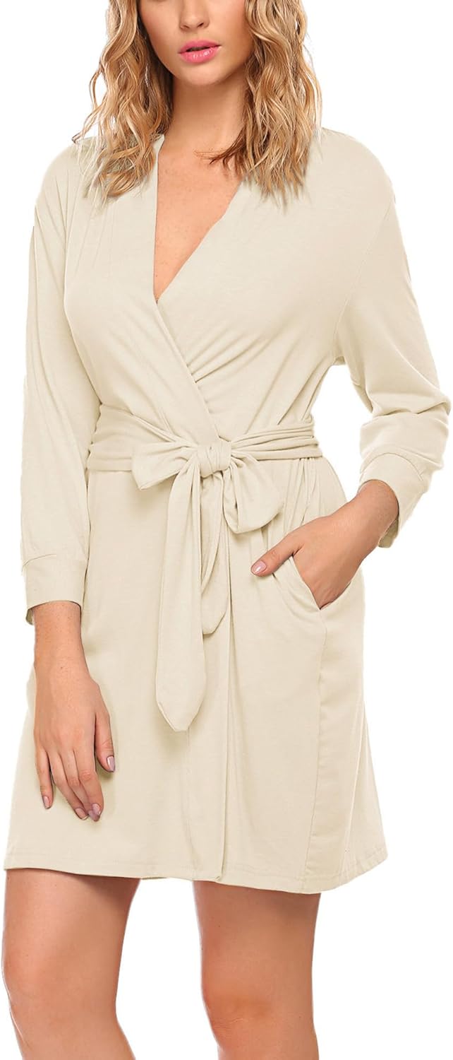 HOTOUCH Womens Robe Lightweight Cotton Robes Short Knit Bathrobe Soft Ladies Sleepwear with PocketsLight Beige