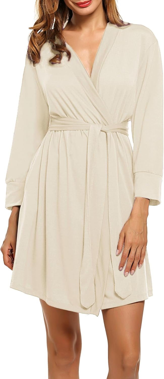 HOTOUCH Womens Robe Lightweight Cotton Robes Short Knit Bathrobe Soft Ladies Sleepwear with PocketsLight Beige