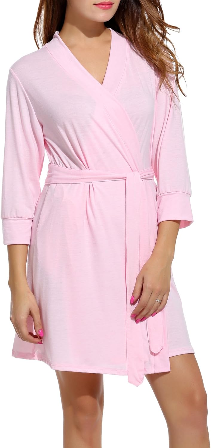 HOTOUCH Womens Robe Lightweight Cotton Robes Short Knit Bathrobe Soft Ladies Sleepwear with PocketsMisty Rose