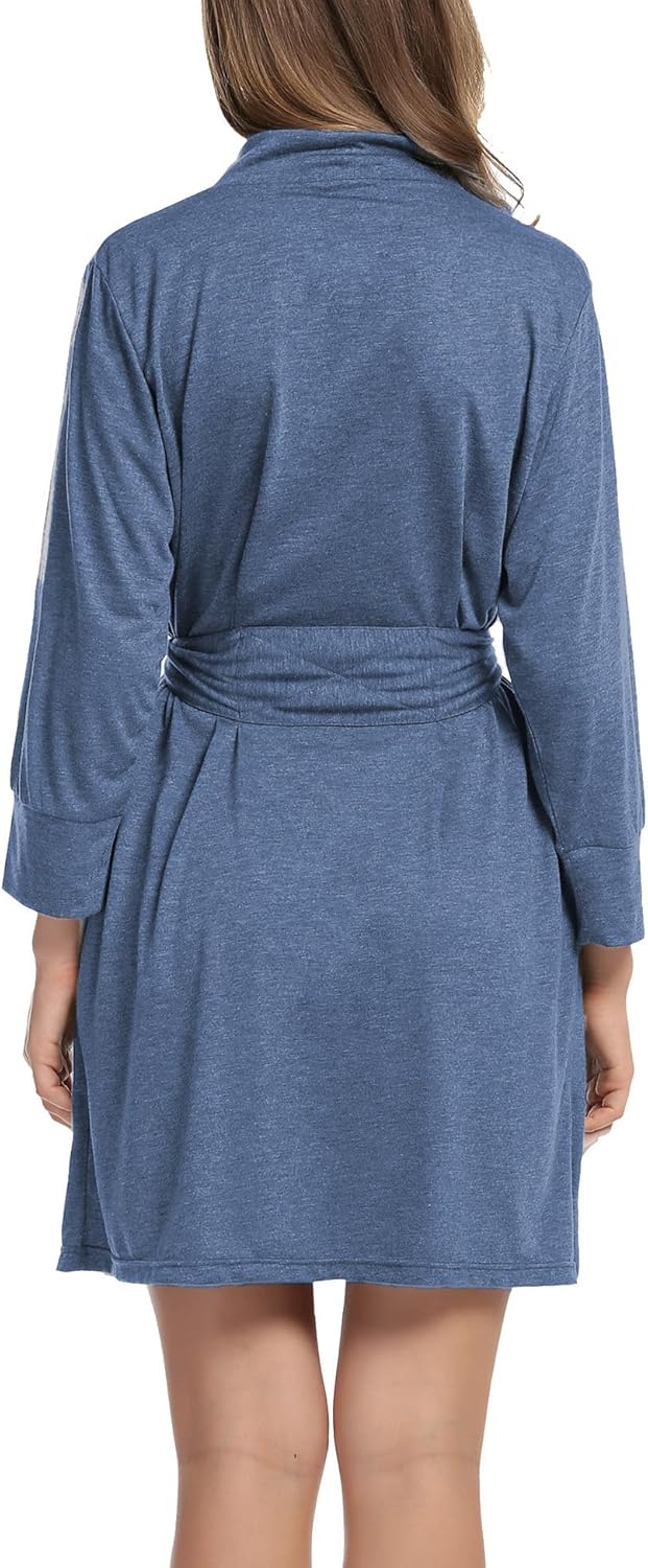 HOTOUCH Womens Robe Lightweight Cotton Robes Short Knit Bathrobe Soft Ladies Sleepwear with PocketsNavy Blue
