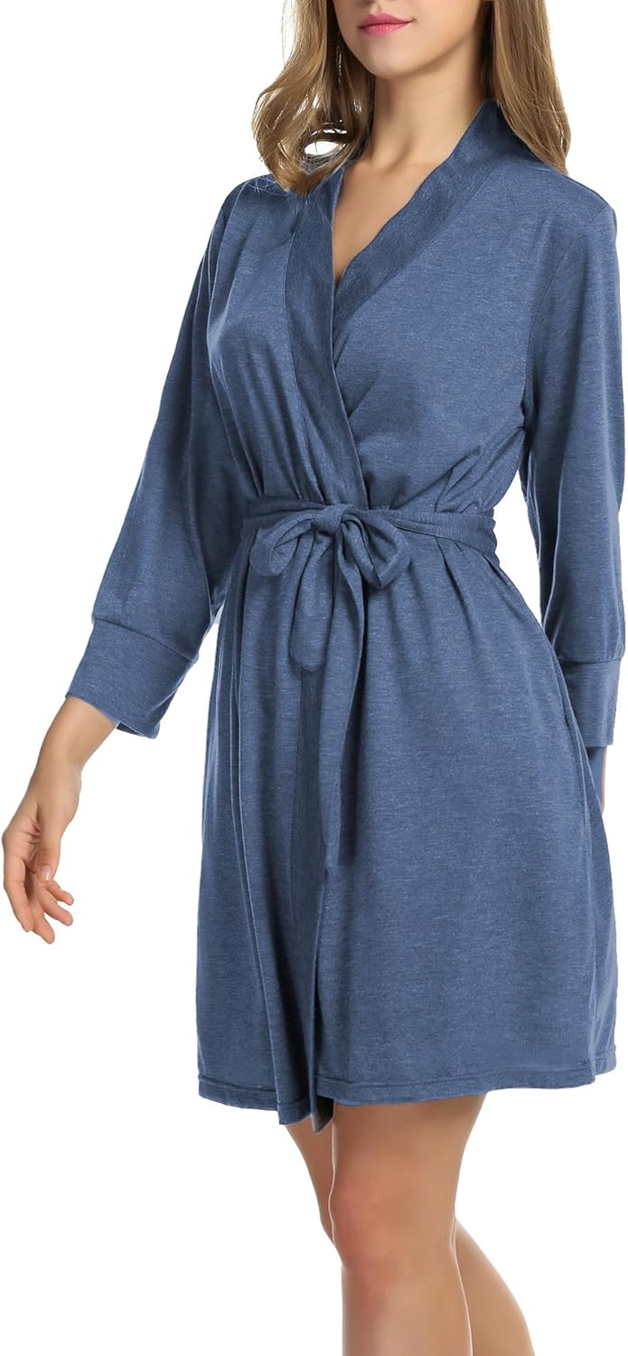 HOTOUCH Womens Robe Lightweight Cotton Robes Short Knit Bathrobe Soft Ladies Sleepwear with PocketsNavy Blue