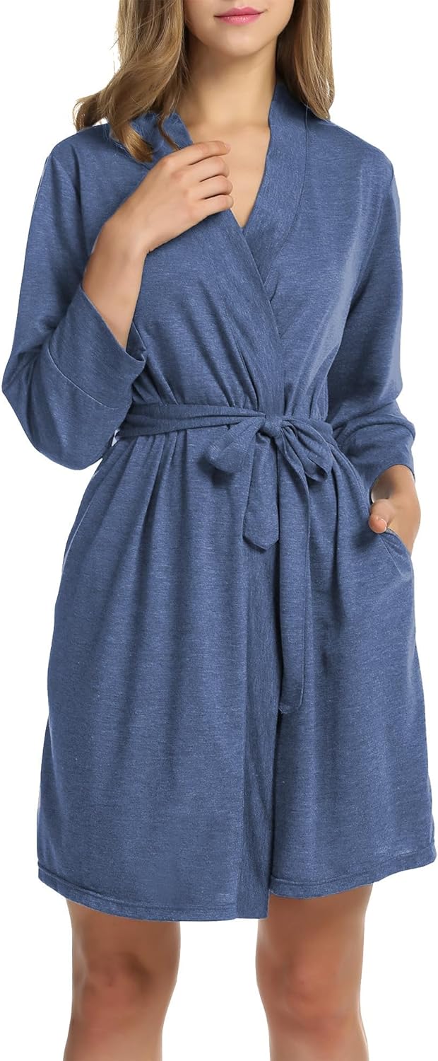 HOTOUCH Womens Robe Lightweight Cotton Robes Short Knit Bathrobe Soft Ladies Sleepwear with PocketsNavy Blue