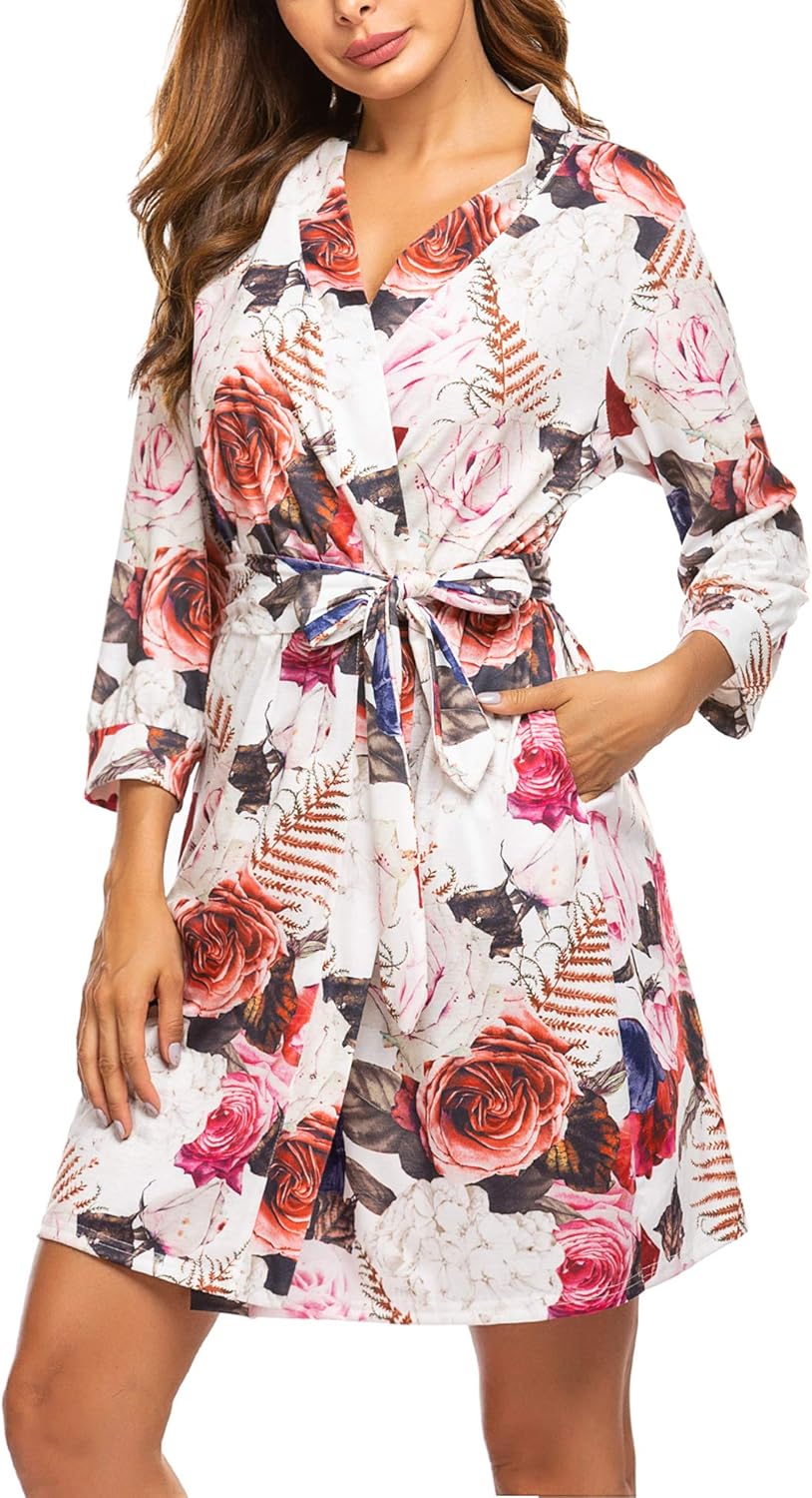 HOTOUCH Womens Robe Lightweight Cotton Robes Short Knit Bathrobe Soft Ladies Sleepwear with PocketsPblack Rose