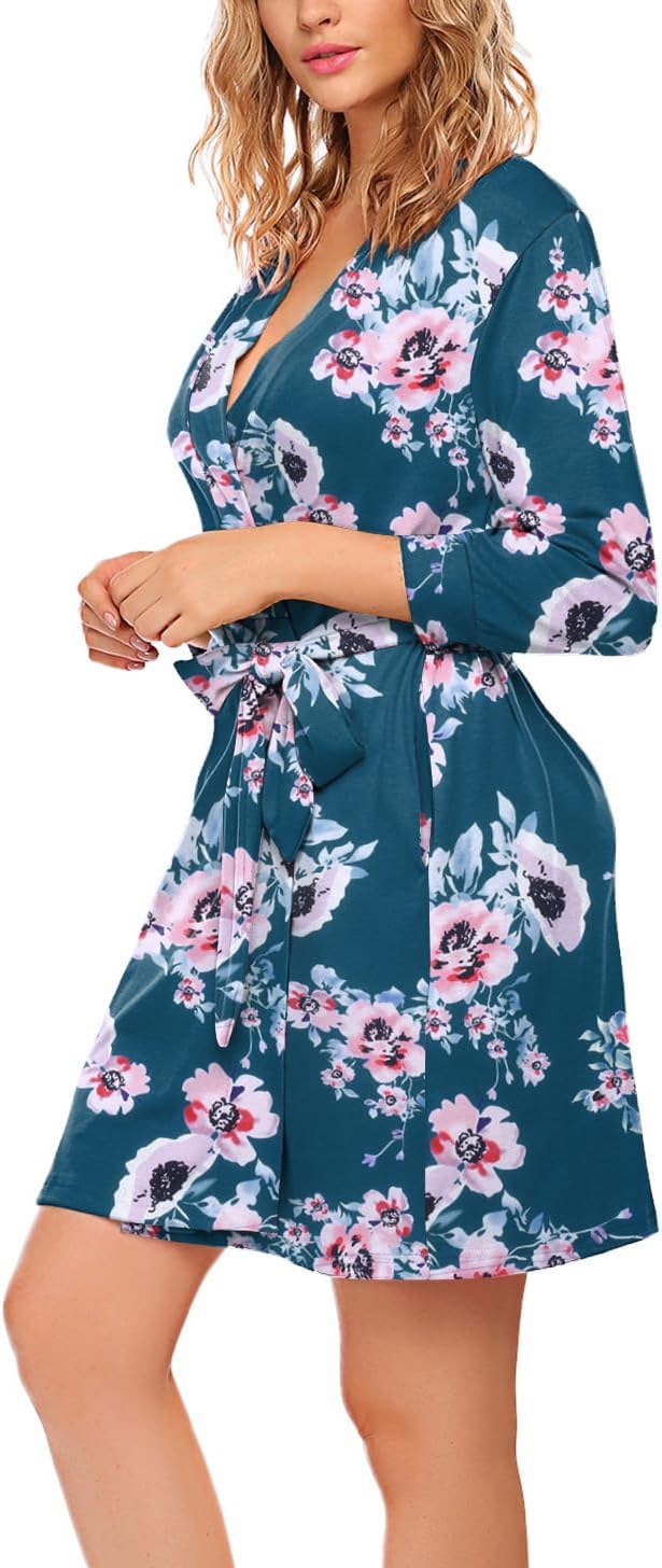HOTOUCH Womens Robe Lightweight Cotton Robes Short Knit Bathrobe Soft Ladies Sleepwear with PocketsPblue Green Floral