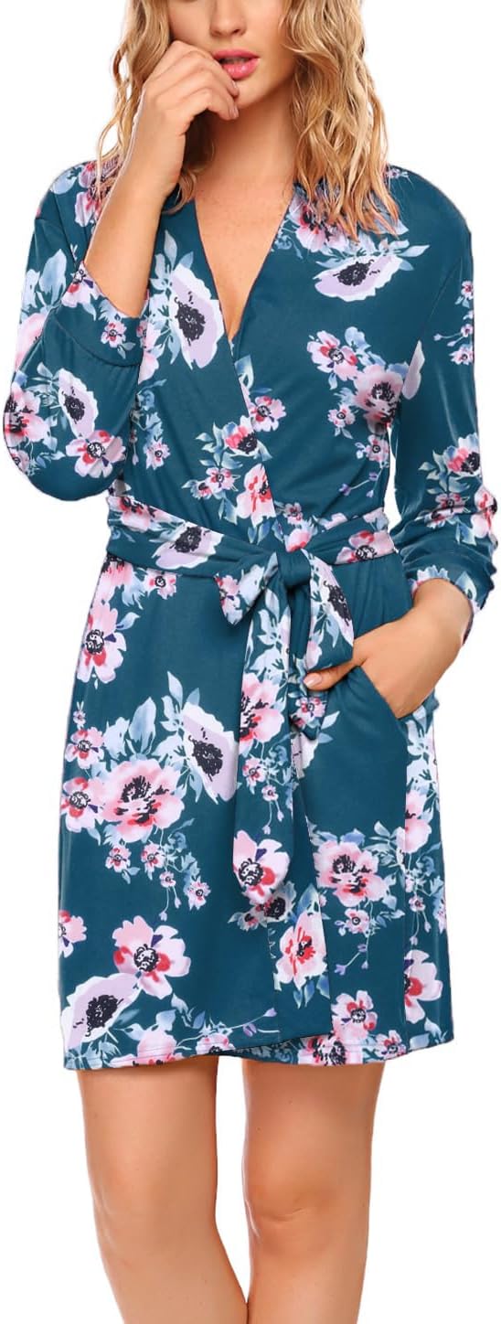 HOTOUCH Womens Robe Lightweight Cotton Robes Short Knit Bathrobe Soft Ladies Sleepwear with PocketsPblue Green Floral