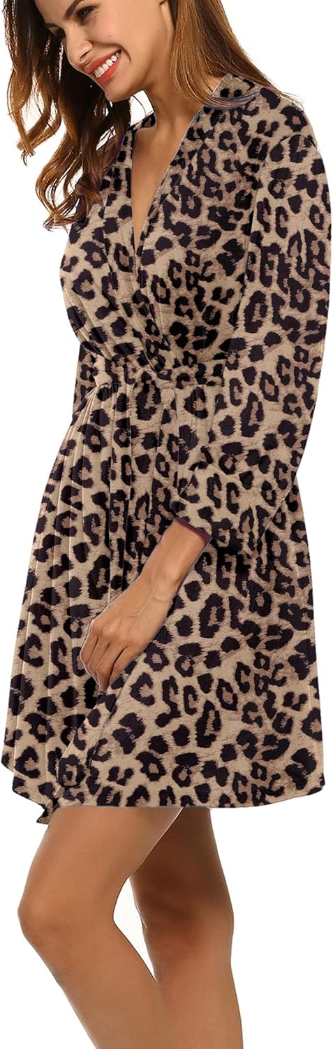 HOTOUCH Womens Robe Lightweight Cotton Robes Short Knit Bathrobe Soft Ladies Sleepwear with PocketsPleopard Khaki