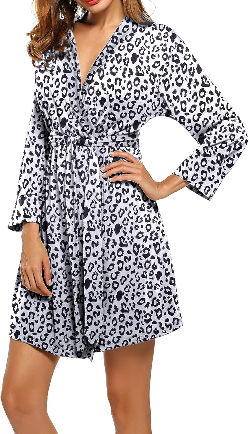 HOTOUCH Womens Robe Lightweight Cotton Robes Short Knit Bathrobe Soft Ladies Sleepwear with PocketsPleopard White
