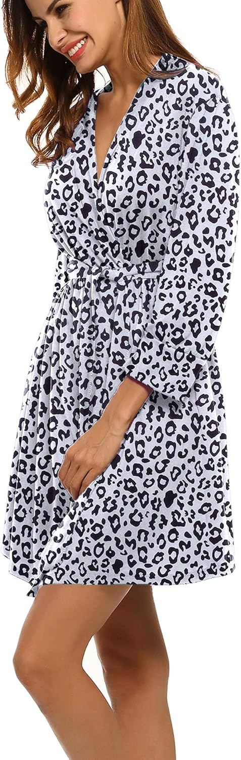 HOTOUCH Womens Robe Lightweight Cotton Robes Short Knit Bathrobe Soft Ladies Sleepwear with PocketsPleopard White