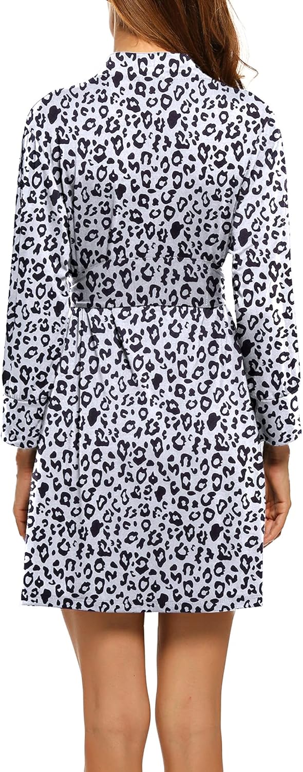 HOTOUCH Womens Robe Lightweight Cotton Robes Short Knit Bathrobe Soft Ladies Sleepwear with PocketsPleopard White