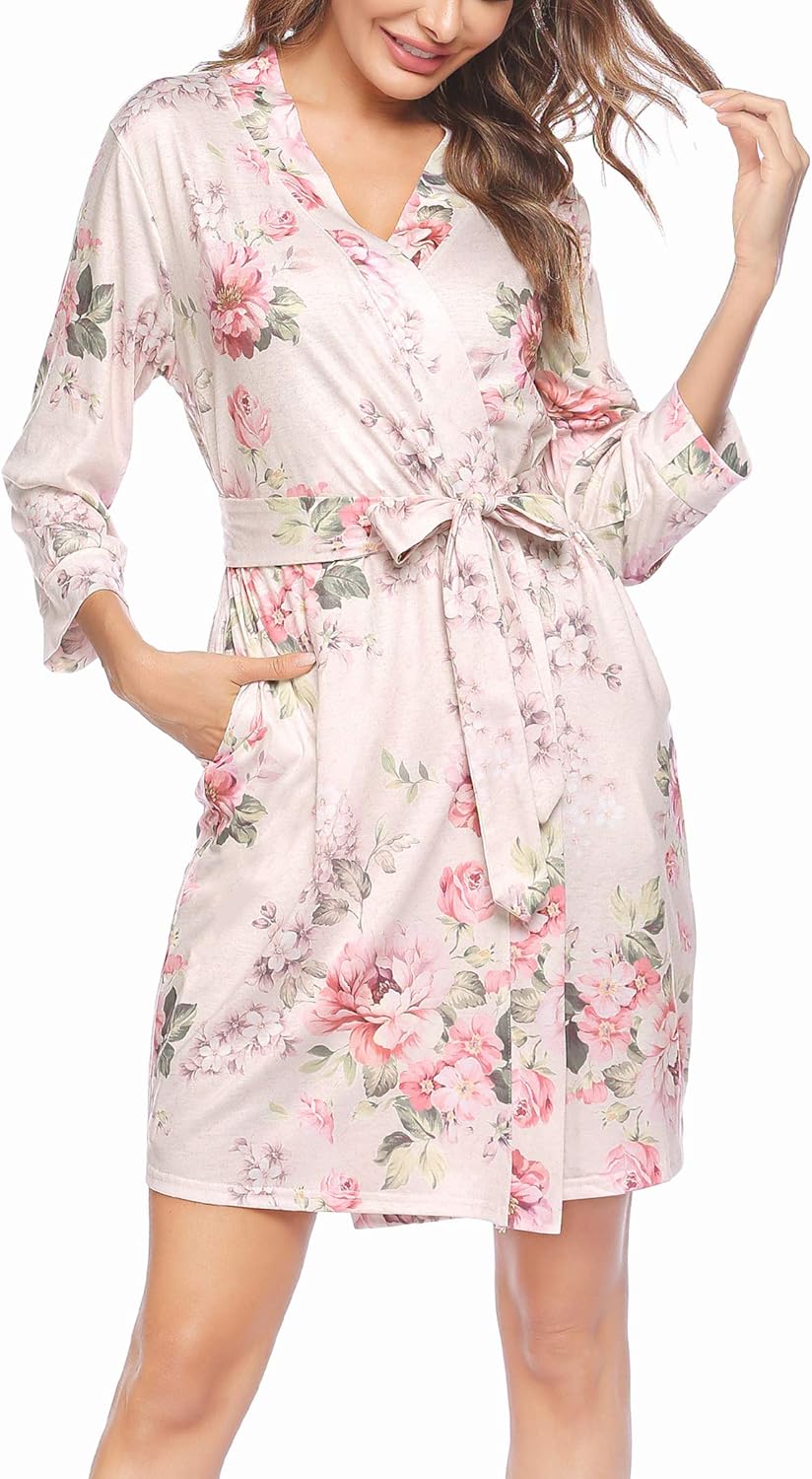 HOTOUCH Womens Robe Lightweight Cotton Robes Short Knit Bathrobe Soft Ladies Sleepwear with PocketsPlight Pink Floral